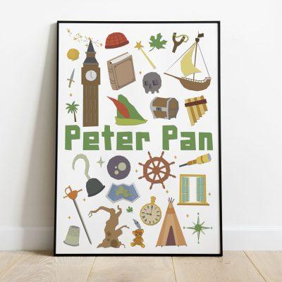 Pòster de Peter Pan en tècnica de paper-cut amb Big Ben, pols de fades, Garfi i barret de Peter Pan.