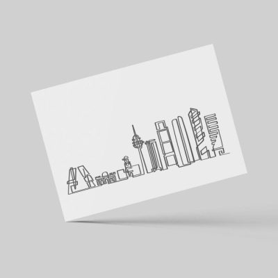 Postal minimalista de skyline de Madrid en una sola linia